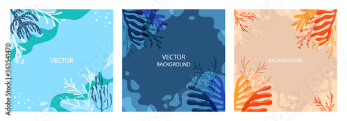 Vector set of backgrounds with Copy space for text - bright banners, posters, cover design templates, social media stories Wallpaper with various sea plants