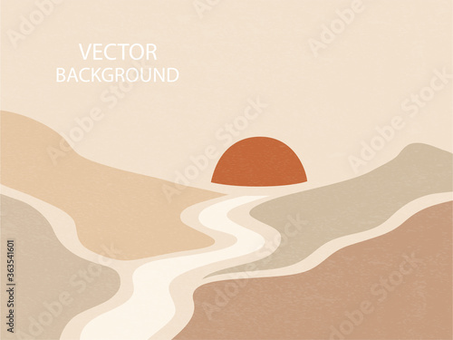 Abstract landscape. The sun sets between the mountains, the river goes into the distance. Background with space for text, vector illustration, banner, poster
