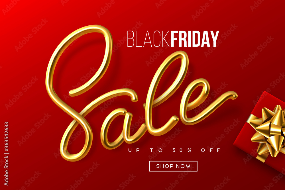 Black Friday typographic design. Handwritten metallic calligraphy sign Sale with gift box. Sale banner template. Red background. Vector.