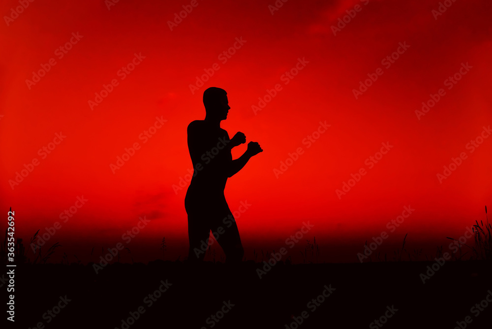 Silhouette of a male fighter engaged in training in nature