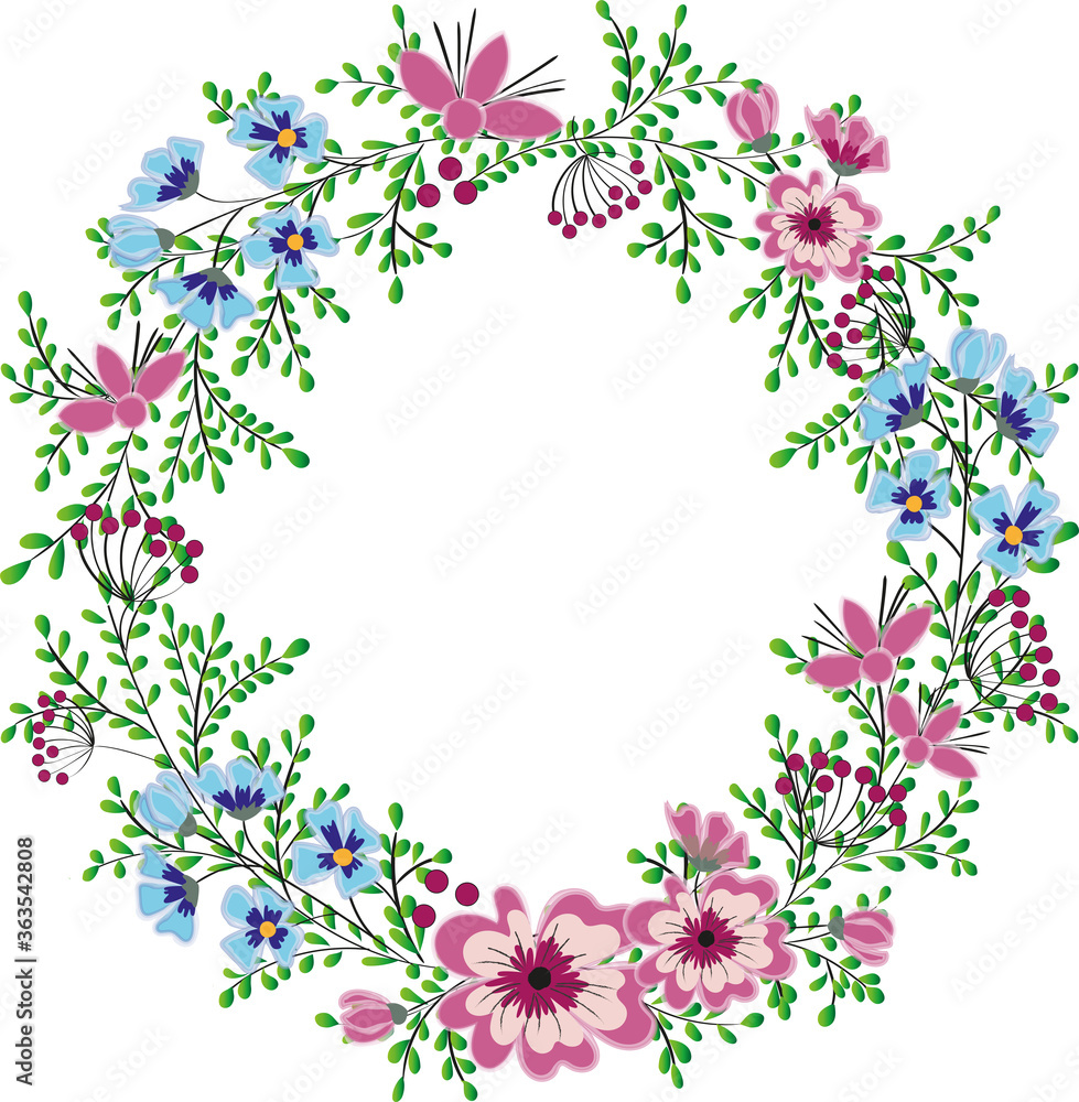 Beautiful floral wreath, frame with green leaves. Elegant vintage floral collection with blue and pink flowers isolated on white background. Natural design for invitation, wedding or greeting card.