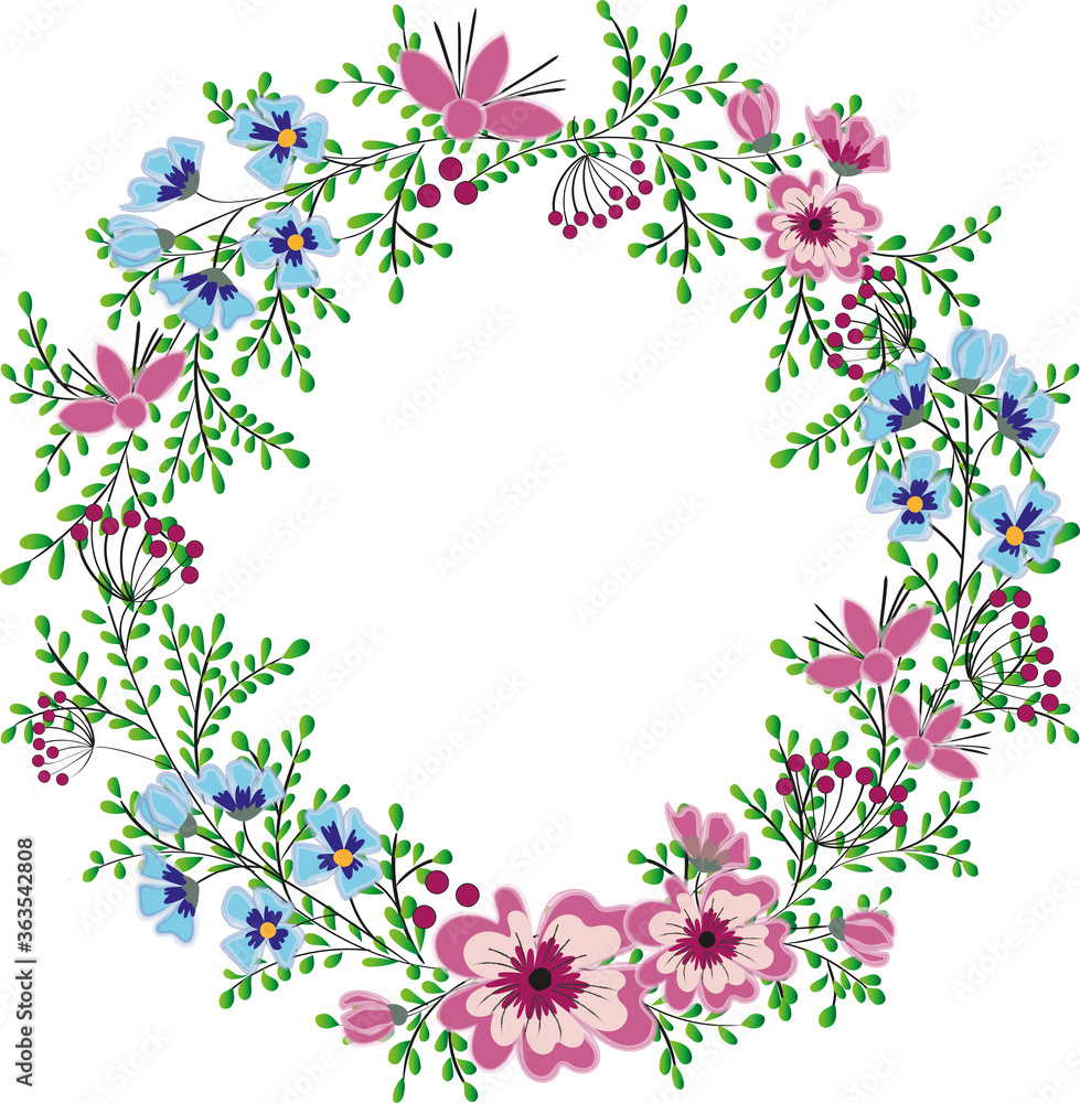 Beautiful floral wreath, frame with green leaves. Elegant vintage floral collection with blue and pink flowers isolated on white background. Natural design for invitation, wedding or greeting card. Beautiful floral wreath, frame with green leaves. Elegant vintage floral collection with blue and pink flowers isolated on white background. Natural design for invitation, wedding or greeting card.
