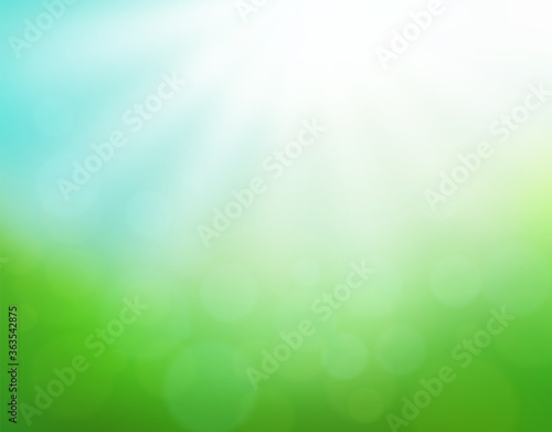 Abstract  nature blurred background with bokeh effect. Green blue gradient backdrop with sunlight. Ecology concept for your graphic design, banner or poster. Vector illustration