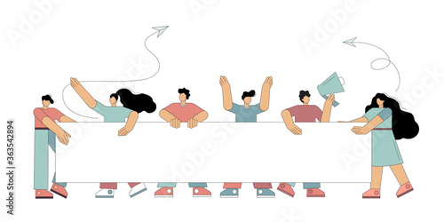 Flat men and women are holding a white banner, a poster, participating in a political rally, parade. Vector illustration on a white background