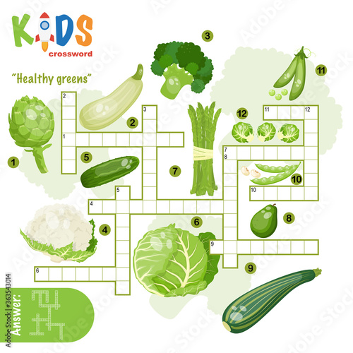 Easy crossword puzzle "Healthy greens", for children in elementary and middle school. Fun way to practice language comprehension and expand vocabulary. Includes answers.