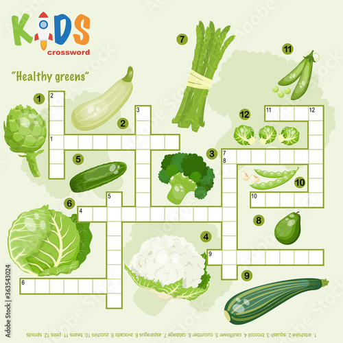 Easy crossword puzzle "Healthy greens", for children in elementary and middle school. Fun way to practice language comprehension and expand vocabulary. Includes answers.