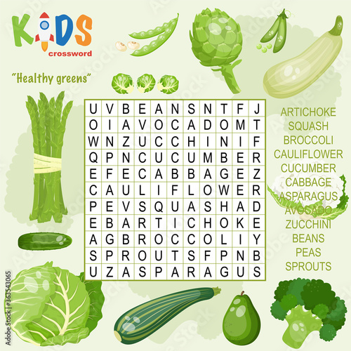 Easy word search crossword puzzle "Healthy greens", for children in elementary and middle school. Fun way to practice language comprehension and expand vocabulary. Includes answers.