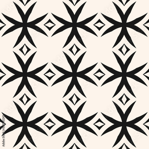 Monochrome vector seamless pattern. Black and white geometric ornament texture with crosses, diamonds, grid, lattice. Simple gothic style background. Repeat design for decor, fabric, wallpapers, cloth