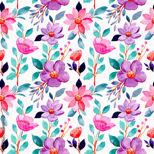 seamless pattern with pink purple flower and green leaves watercolor