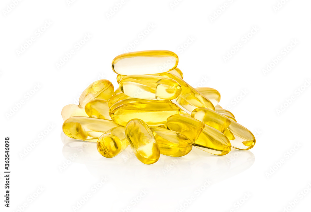Omega 3 fish oil capsules isolated on a white background