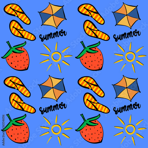 a summer pattern consisting of an umbrella, slates, sun, strawberries, and lettering summer. Vector illustration on a blue isolated background