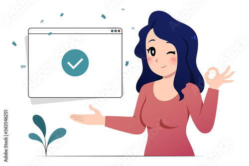Portrait woman showing and OK pose with check mark window UI.