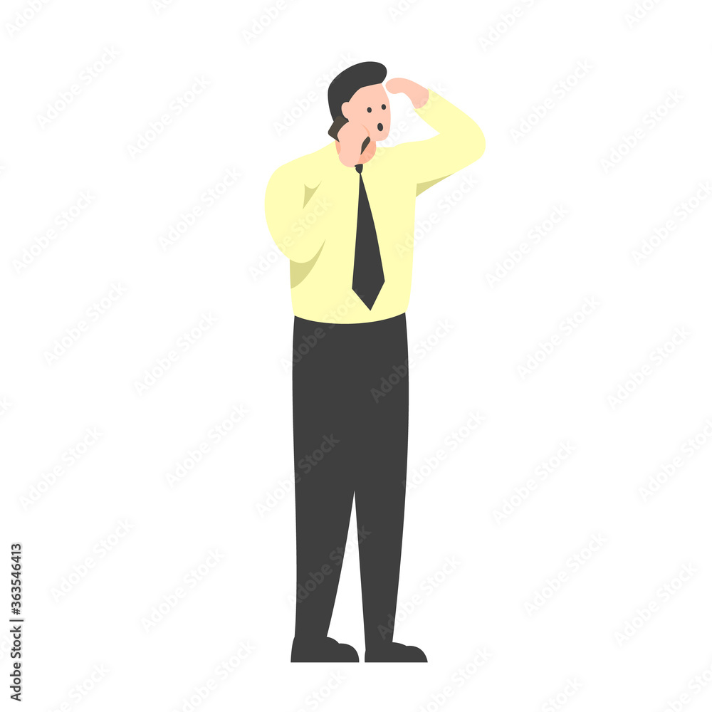 Vector illustration of an office worker standing and talking on the phone. Man in a yellow shirt and tie talking on the phone with surprised face and hand near the head. Man receiving unexpected news Vector illustration of an office worker standing and talking on the phone. Man in a yellow shirt and tie talking on the phone with surprised face and hand near the head. Man receiving unexpected news
