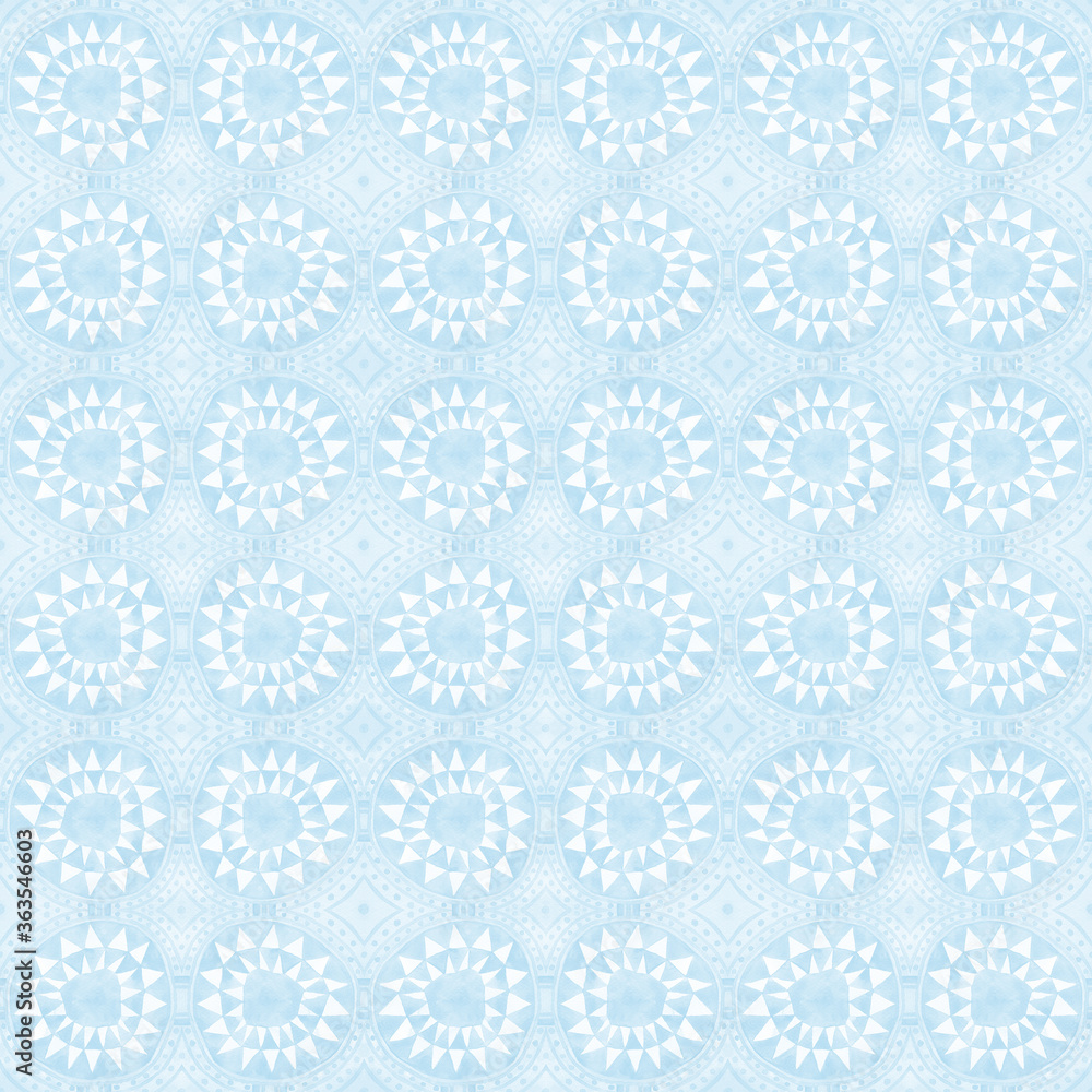 Light blue tribal watercolor seamless pattern with a circle of triangles. Ornate texture inspired by African culture.