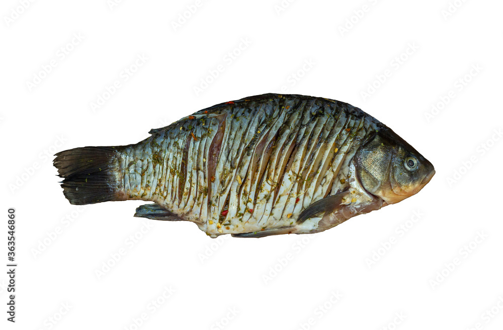 Raw fish sprinkled with spices isolated on white background, top view Raw fish sprinkled with spices isolated on white background, top view