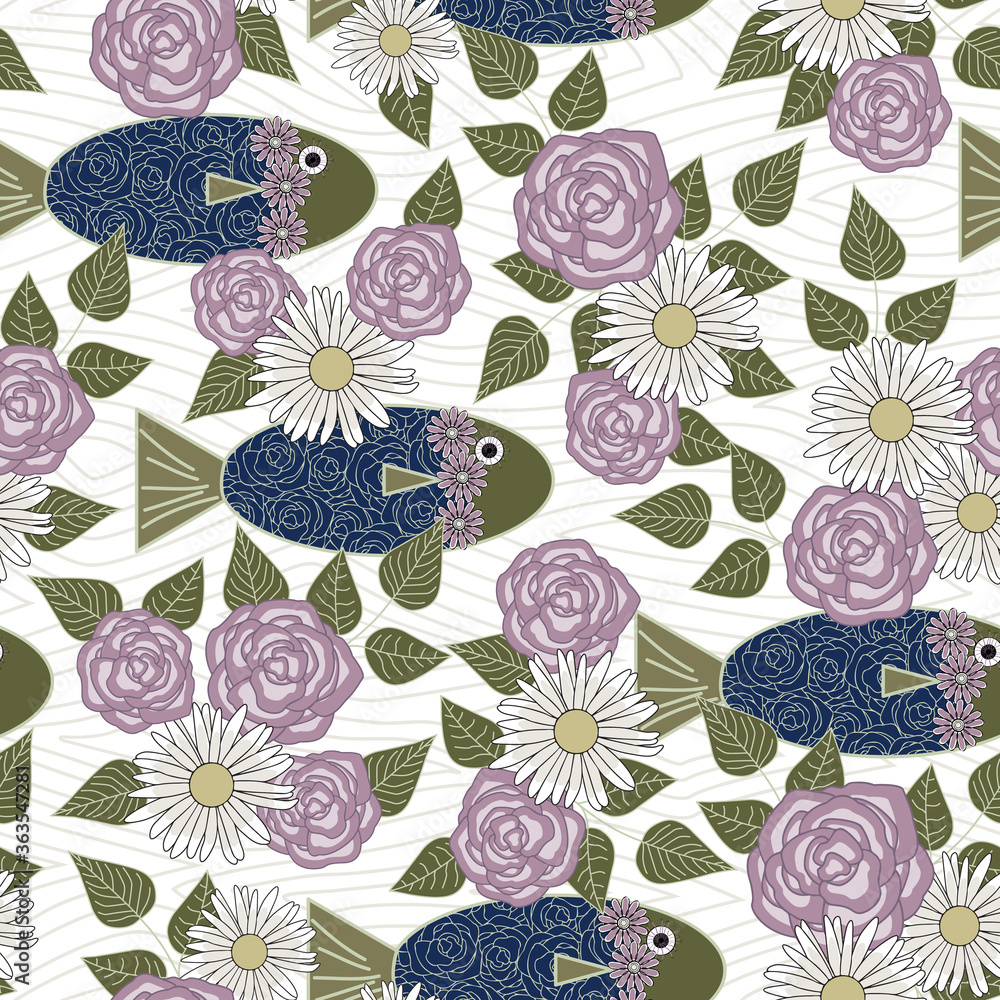 Vector Fish Flowers in Blue Purple Green on White Background Seamless Repeat Pattern. Background for textiles, cards, manufacturing, wallpapers, print, gift wrap and scrapbooking.