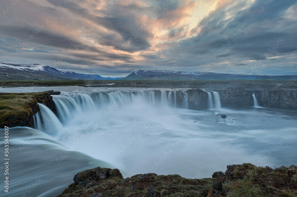 sunset over Godafoss in Iceland