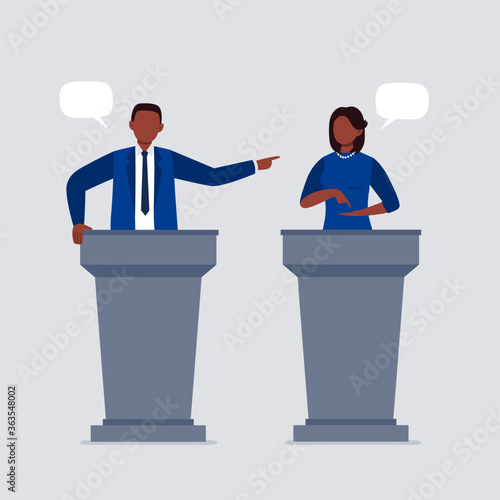 An African-American woman and man taking part in debates. Pair of government workers talking to each other, discussing problems, or having a dispute. Flat vector illustration.