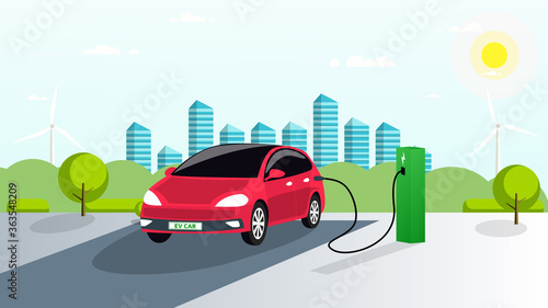 The electric car is charged in the parking lot from renewable energy sources. Green charging station for the vehicle. Smart city, green trees and bushes in the background. Vector © GavrBY