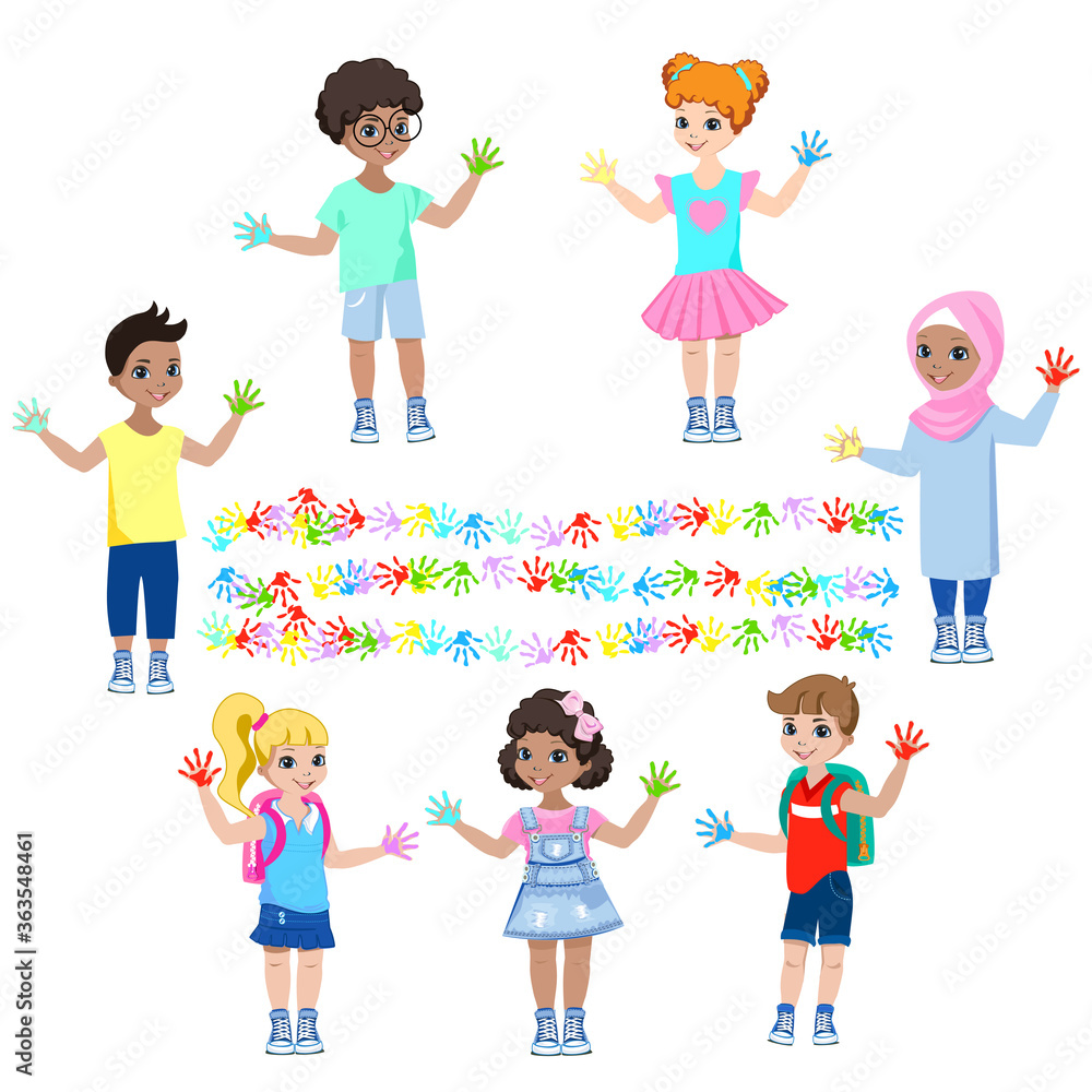 Happy children show hands in paints and paint on the wall. Children of different nationalities. Vector illustration set. Happy children show hands in paints and paint on the wall. Children of different nationalities. Vector illustration set.