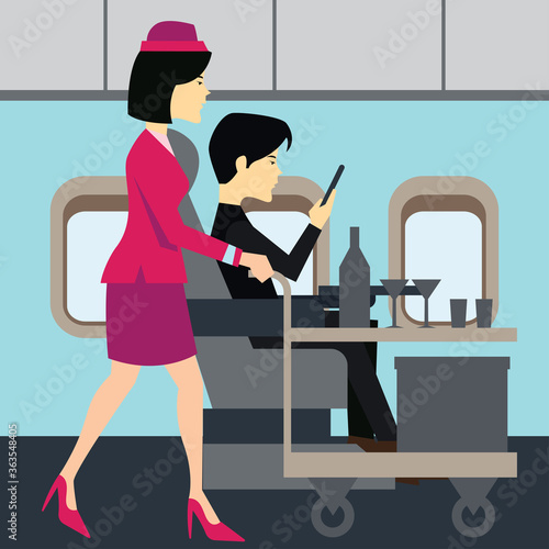 flight attendants on airplane business class cabin with passengers doing work on airplane business class cabin. vector illustration