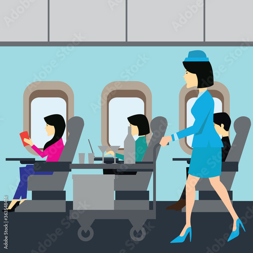 flight attendants on airplane business class cabin with passengers doing work on airplane business class cabin. vector illustration