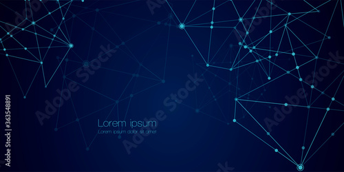 Abstract technology Network nodes with polygonal shapes on dark blue Vector background. Connection science and futuristic technology  digital structure  connected points  web.