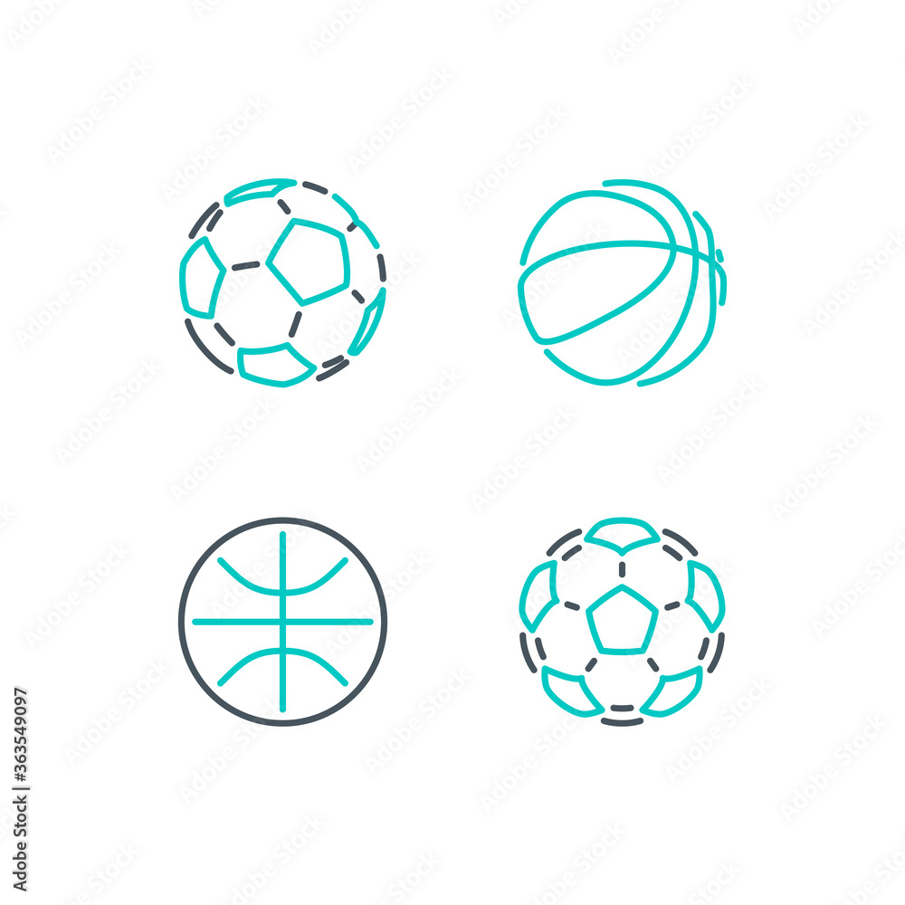 Set of thin contour lines icons basketball and soccer balls isolated on white background. Modern design minimalistic style black and white outline sign classic football basketball illustration balls