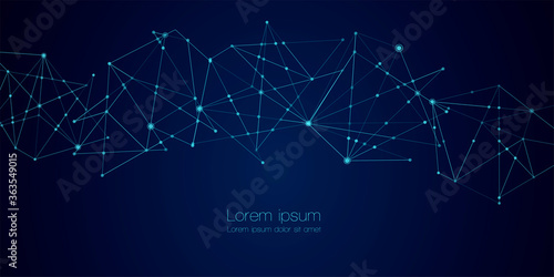 Abstract technology Network nodes with polygonal shapes on dark blue Vector background. Connection science and futuristic technology, digital structure, connected points, web.