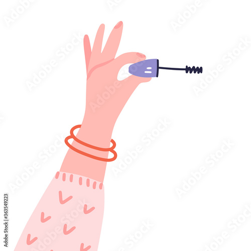 Cute and cozy woman hand holds a mascara wand. Beauty concept. Cosmetics product. Isolated vector hand drawn illustration flat trendy design.
