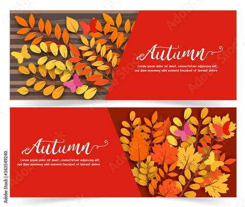 
Autumn sale banner with leaves in paper cut style.