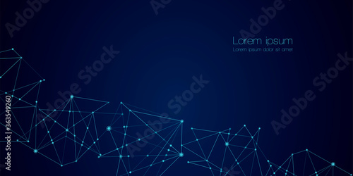 Abstract technology Network nodes with polygonal shapes on dark blue Vector background. Connection science and futuristic technology, digital structure, connected points, web.