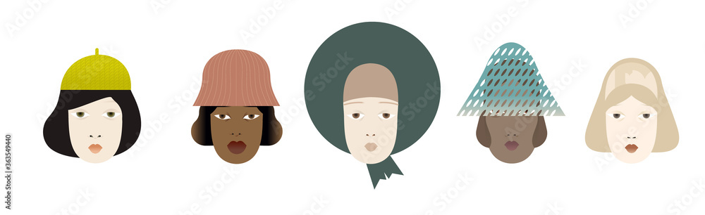 Portraits of women and girls of different skin colors and different ages in fashionable hats. Female international movement. Flat design style vector graphic illustration. Portraits of women and girls of different skin colors and different ages in fashionable hats. Female international movement. Flat design style vector graphic illustration.