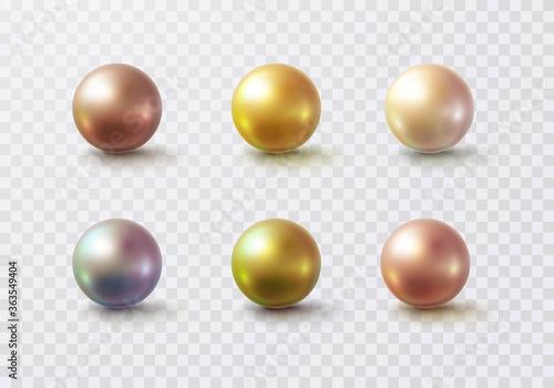 Pearl glossy beads isolated on transparent background. Gold, golden rose, holographic balls. Vector 3d metal sphere, shiny capsules