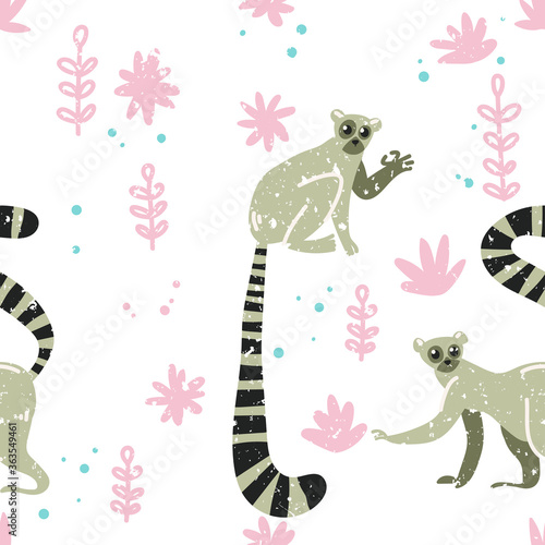 Tropical pattern. Lemur in the jungle. Cute childish illustration with lemur. Vector illustration with lemur and flowers. For backgrounds, packaging, textile and various other designs.