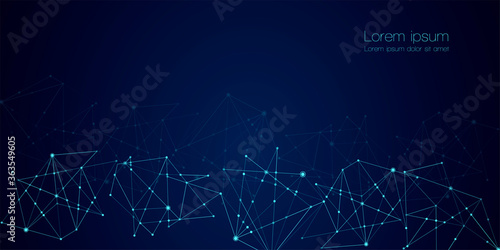 Abstract technology Network nodes with polygonal shapes on dark blue Vector background. Connection science and futuristic technology, digital structure, connected points, web.