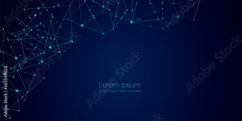 Abstract technology Network nodes with polygonal shapes on dark blue Vector background. Connection science and futuristic technology, digital structure, connected points, web.