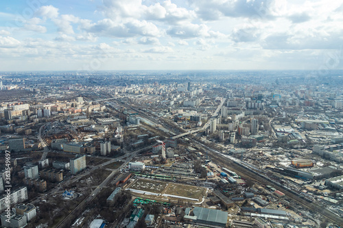 Russia, Moscow, 2019: view from the Ostankino TV tower on a panorama of the city with railway tracks and wagons