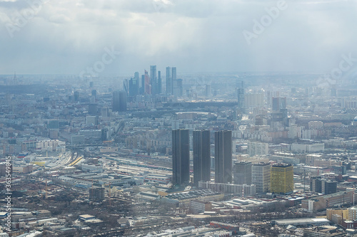 Russia, Moscow, 2019: view from the Ostankino TV tower to the city panorama, Moscow City and the Dmitrovskaya metro station