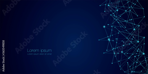 Abstract technology Network nodes with polygonal shapes on dark blue Vector background. Connection science and futuristic technology, digital structure, connected points, web.