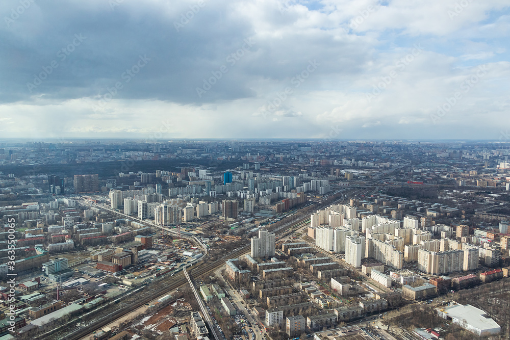 Fototapeta premium Russia, Moscow, 2019: view from the Ostankino TV tower to the city panorama, towards the Timiryazevskaya metro station