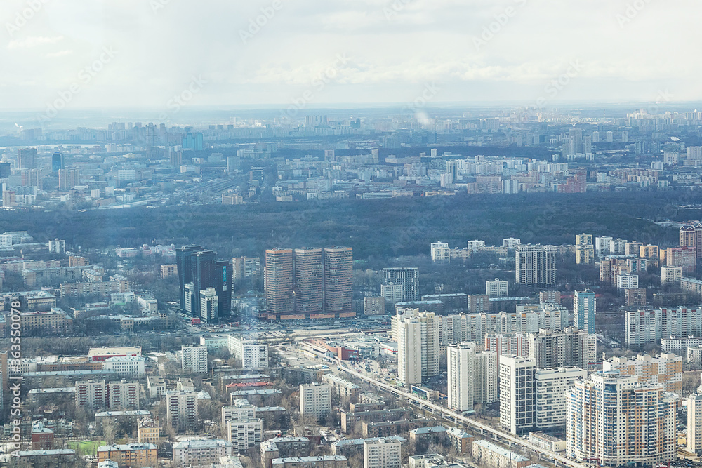 Russia, Moscow, 2019: view from the Ostankino TV tower to the city panorama, towards the Timiryazevskaya metro station, daylight