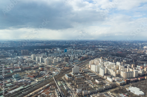 Russia, Moscow, 2019: view from the Ostankino TV tower to the city panorama, towards the Timiryazevskaya metro station