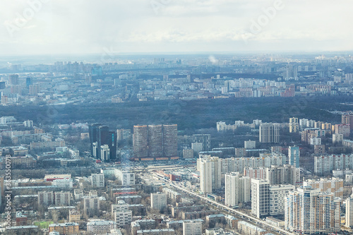 Russia  Moscow  2019  view from the Ostankino TV tower to the city panorama  towards the Timiryazevskaya metro station  daylight