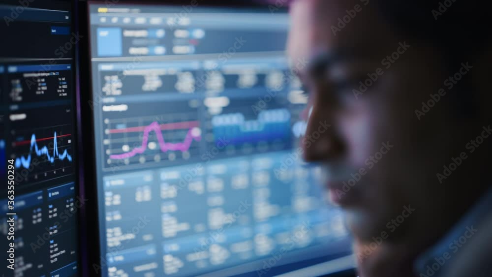 Computer Men Screen Confident Handsome Man Looks at Monitor Screen with Camera Moving to ...