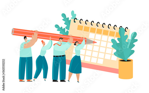 Conceptual illustration of project planning teamwork with people holding a huge pencil and calendar