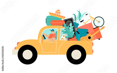 Moving to a new house. Conceptual illustration with a man driving a car in which he carries furniture and household items.