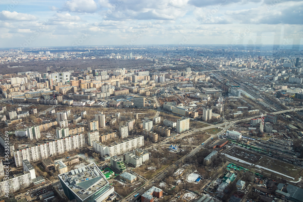 Obraz premium Russia, Moscow, 2019: Ostankino TV tower, view of the residential areas of the city