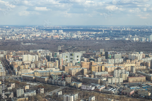 Russia, Moscow, 2019: Ostankino TV tower, view of the residential areas of the city