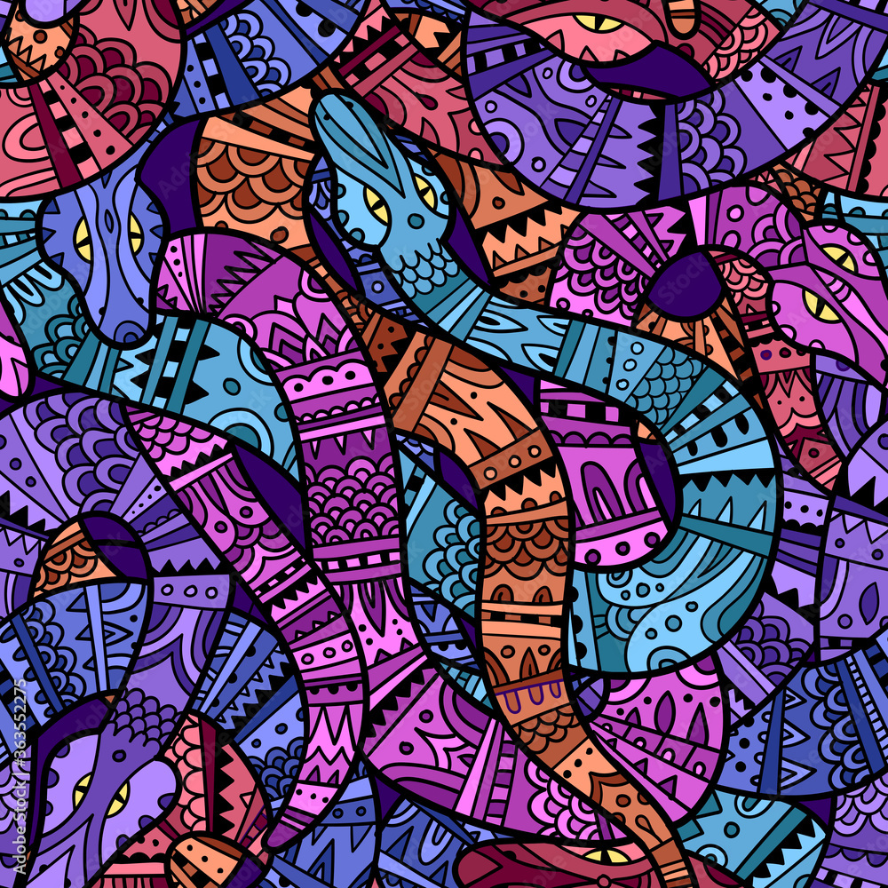 Colorful seamless pattern of snakes with decorative tribal ornament on their skin. Ball of snakes in ethnic style.